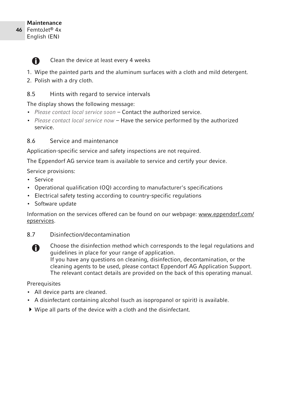5 hints with regard to service intervals, 6 service and maintenance, 7 disinfection/decontamination | Hints with regard to service intervals, Service and maintenance, Disinfection/decontamination | Eppendorf FemtoJet 4x v.2 User Manual | Page 46 / 58