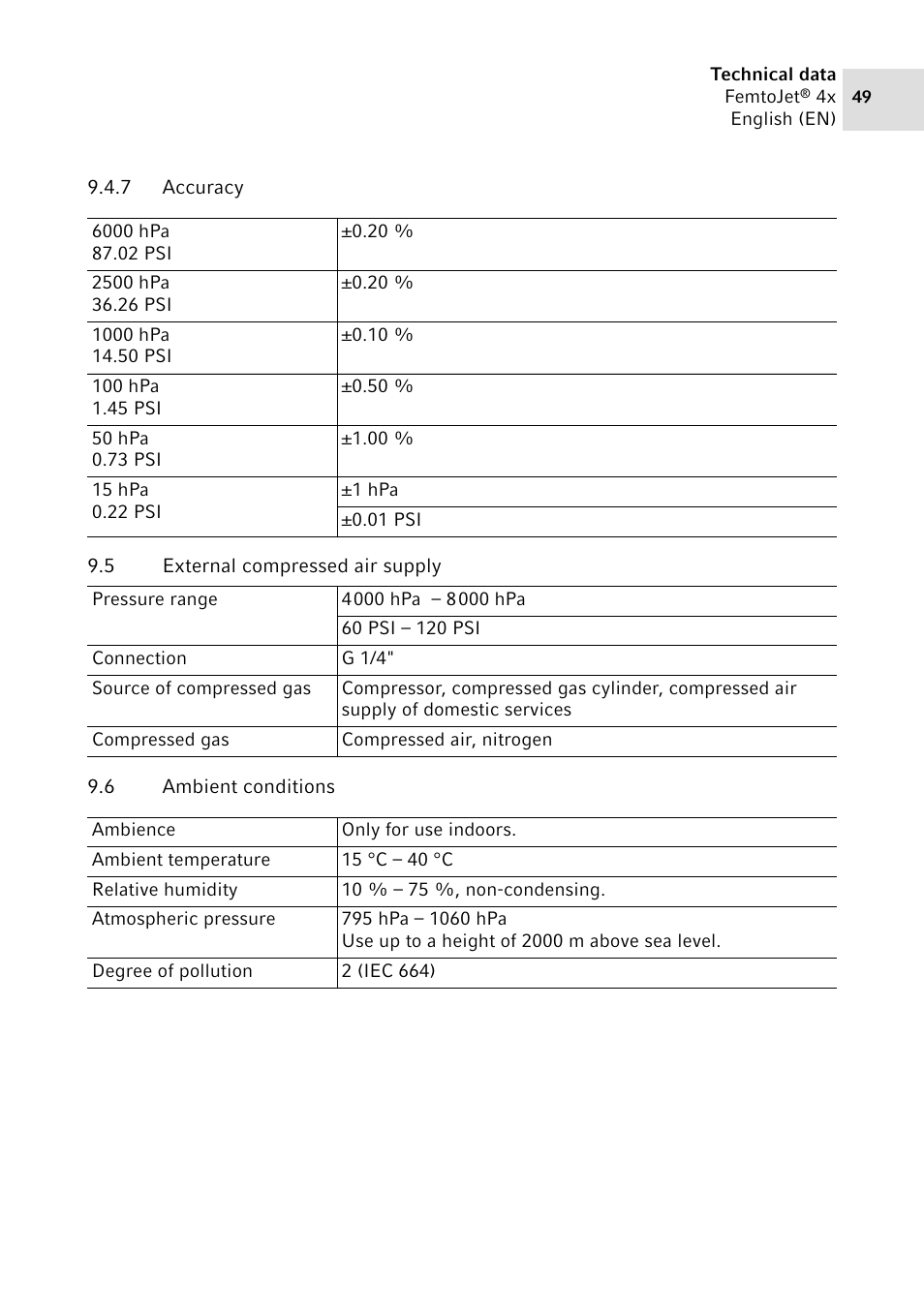 7 accuracy, 5 external compressed air supply, 6 ambient conditions | External compressed air supply, Ambient conditions | Eppendorf FemtoJet 4x v.2 User Manual | Page 49 / 58