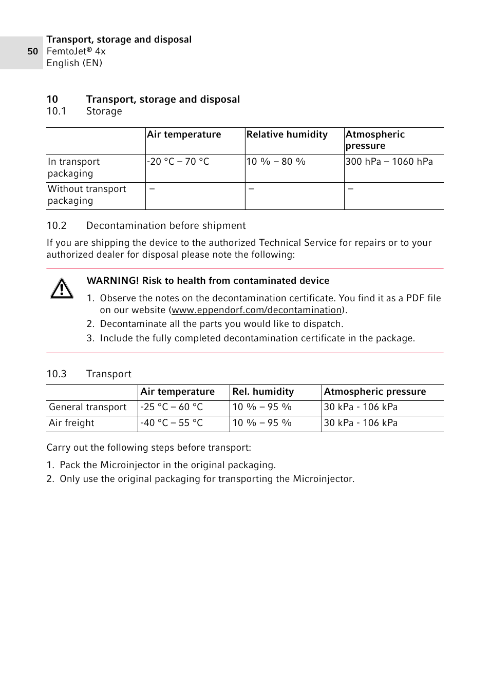 10 transport, storage and disposal, 1 storage, 2 decontamination before shipment | 3 transport, Storage, Decontamination before shipment, Transport | Eppendorf FemtoJet 4x v.2 User Manual | Page 50 / 58