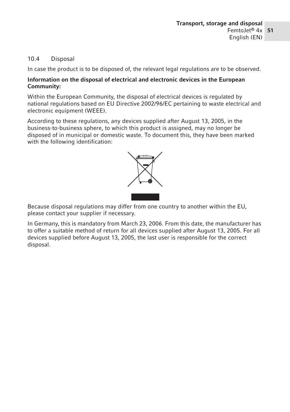 4 disposal, Disposal | Eppendorf FemtoJet 4x v.2 User Manual | Page 51 / 58