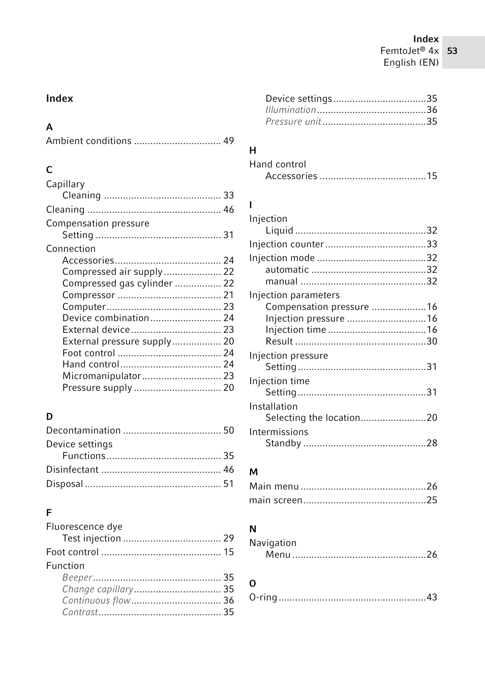 Index | Eppendorf FemtoJet 4x v.2 User Manual | Page 53 / 58