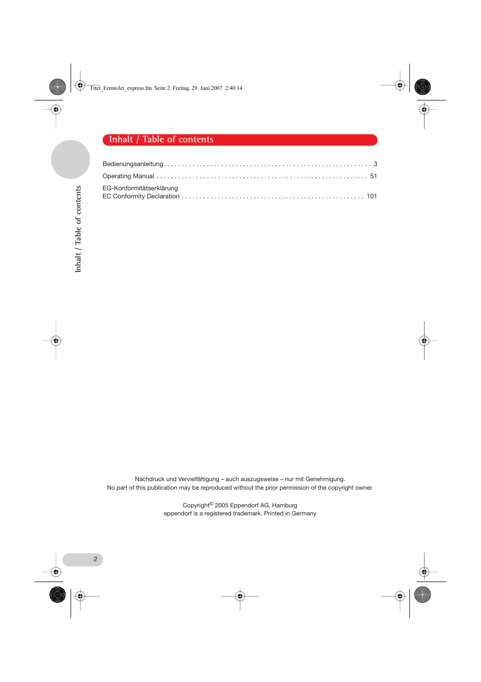 Inhalt / table of contents | Eppendorf FemtoJet express User Manual | Page 2 / 56