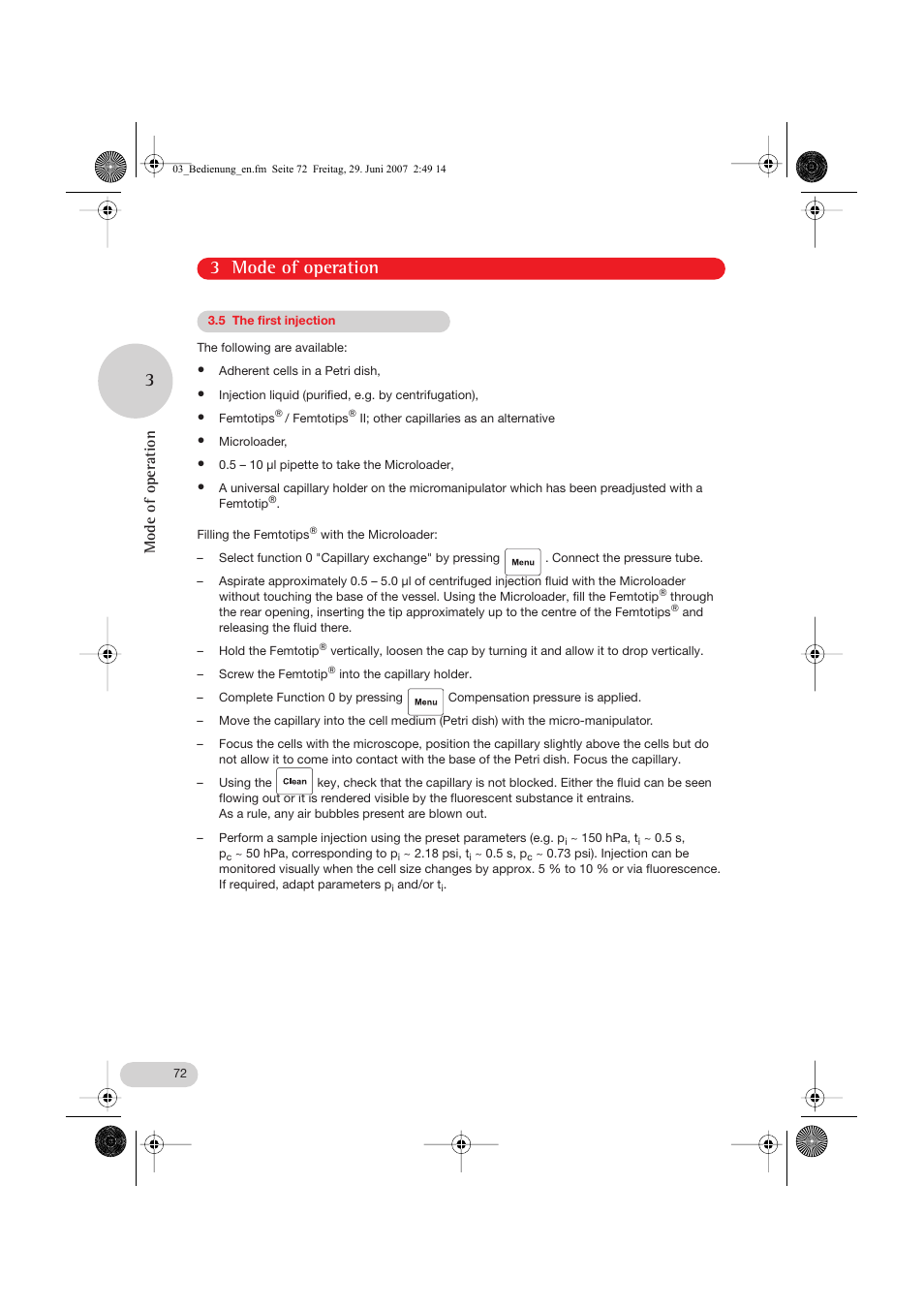 5 the first injection, 3 mode of operation 3, Mode of operation | Eppendorf FemtoJet express User Manual | Page 24 / 56