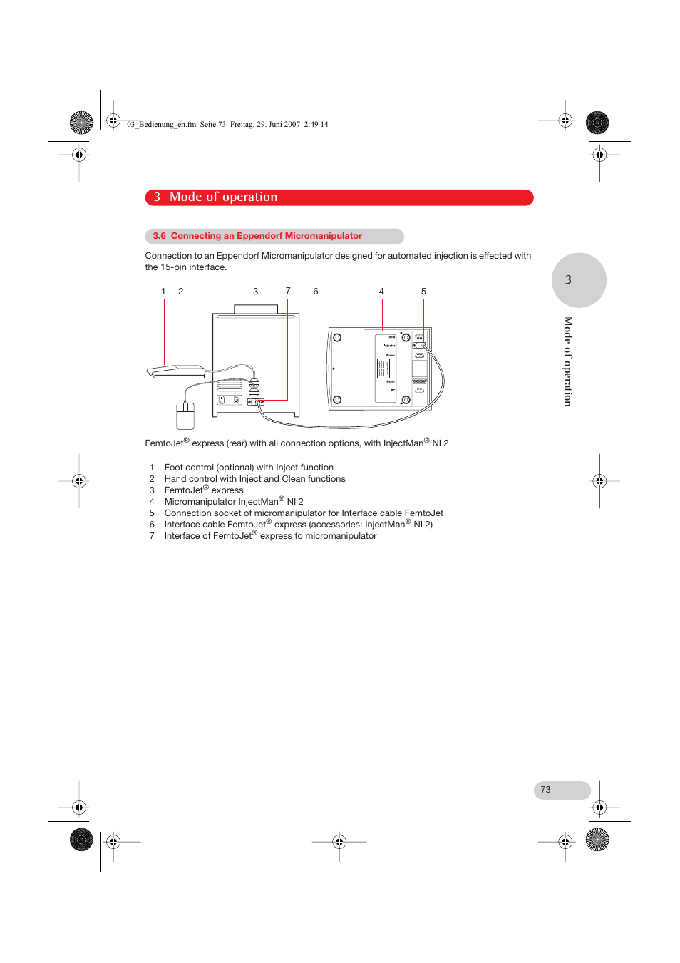 6 connecting an eppendorf micromanipulator, 3 mode of operation, Mode of operation | Eppendorf FemtoJet express User Manual | Page 25 / 56