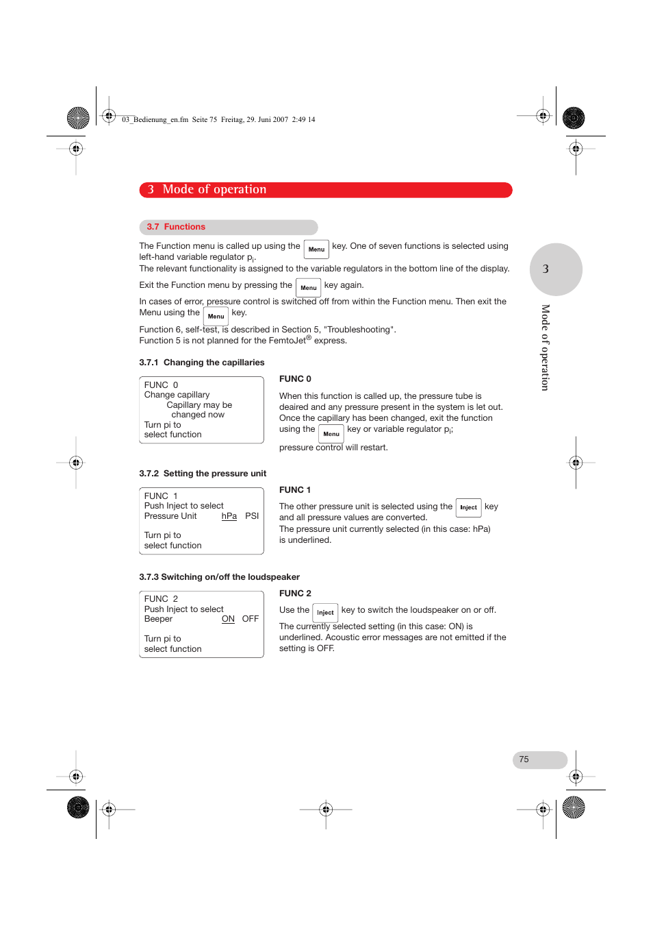 7 functions, 1 changing the capillaries, 2 setting the pressure unit | 3 switching on/off the loudspeaker, 3 mode of operation, Mode of operation | Eppendorf FemtoJet express User Manual | Page 27 / 56