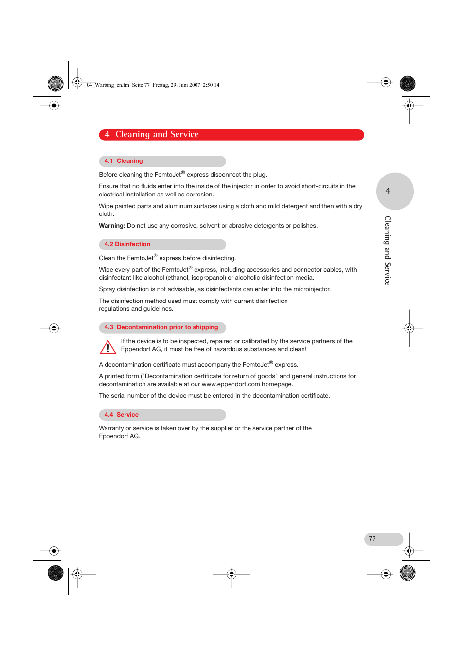 4 cleaning and service, 1 cleaning, 2 disinfection | 3 decontamination prior to shipping, 4 service, 4 cleaning and service 4, Cleaning and service | Eppendorf FemtoJet express User Manual | Page 29 / 56