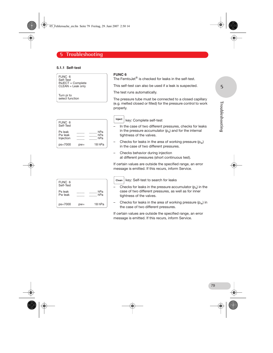 1 self-test, 5 troubleshooting, Troubleshooting | Eppendorf FemtoJet express User Manual | Page 31 / 56