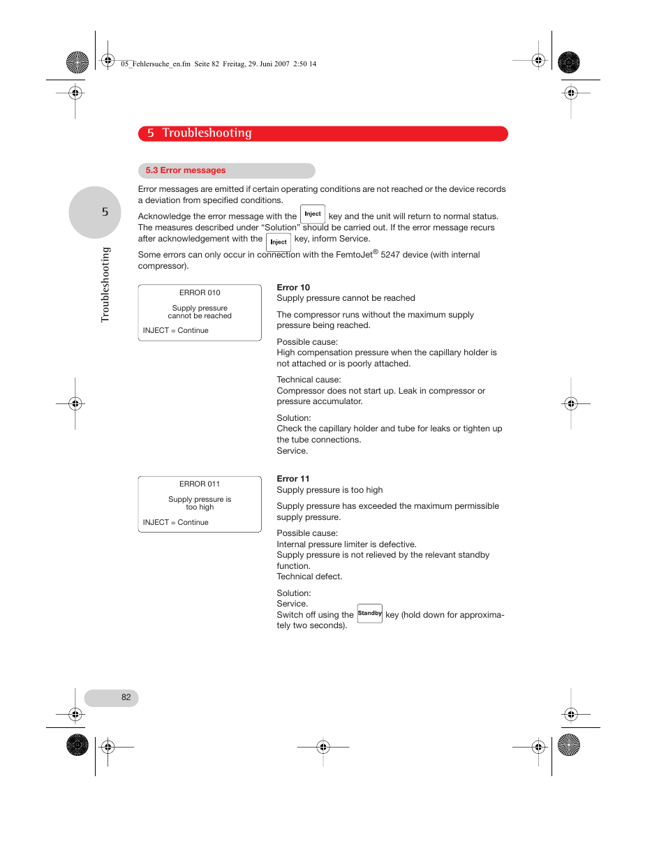 3 error messages, 5 troubleshooting 5, Troubleshooting | Eppendorf FemtoJet express User Manual | Page 34 / 56