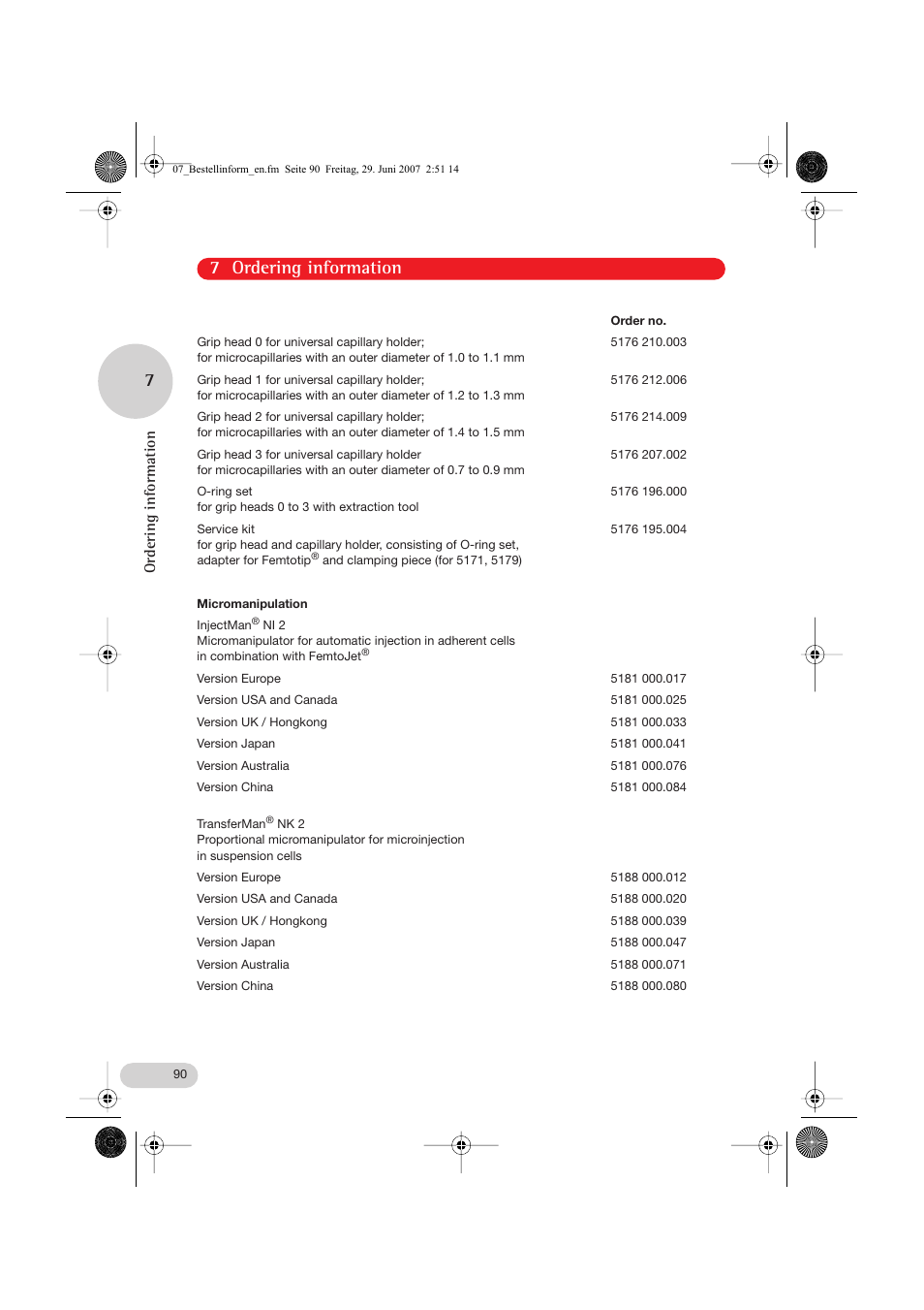 7 ordering information, Ordering information | Eppendorf FemtoJet express User Manual | Page 42 / 56