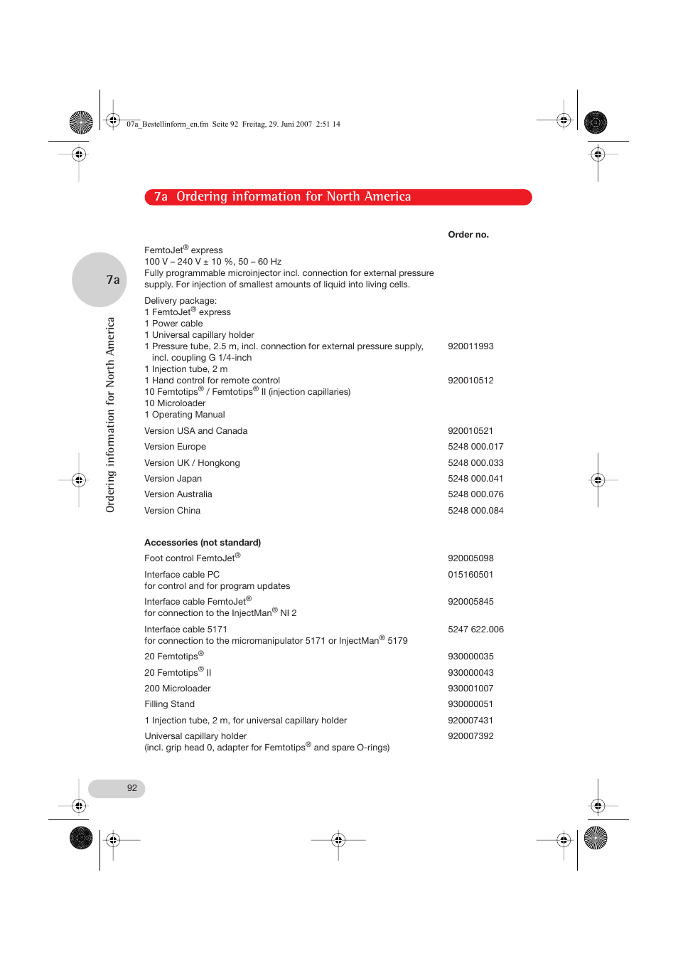 7a ordering information for north america, 7a ordering information for north america 7a, Ordering information for north america | Eppendorf FemtoJet express User Manual | Page 44 / 56