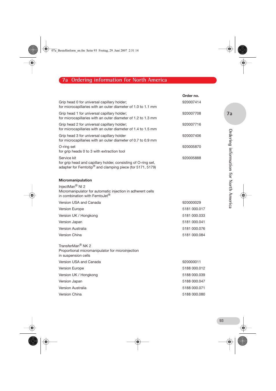 7a ordering information for north america, Ordering information for north america | Eppendorf FemtoJet express User Manual | Page 45 / 56