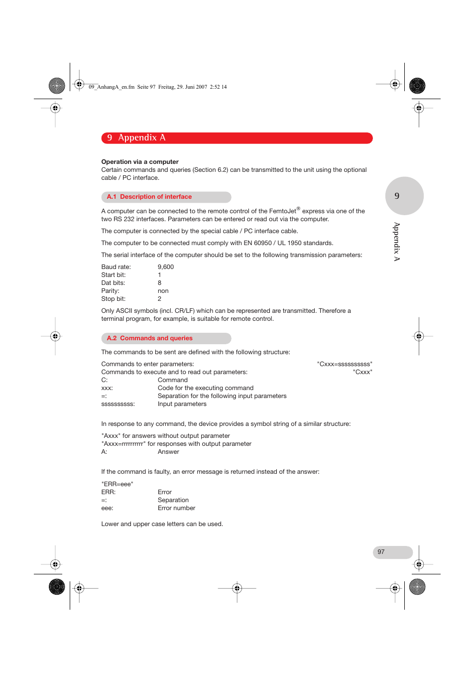 9 appendix a, A.1 description of interface, A.2 commands and queries | 9 appendix a 9, Appendix a | Eppendorf FemtoJet express User Manual | Page 49 / 56