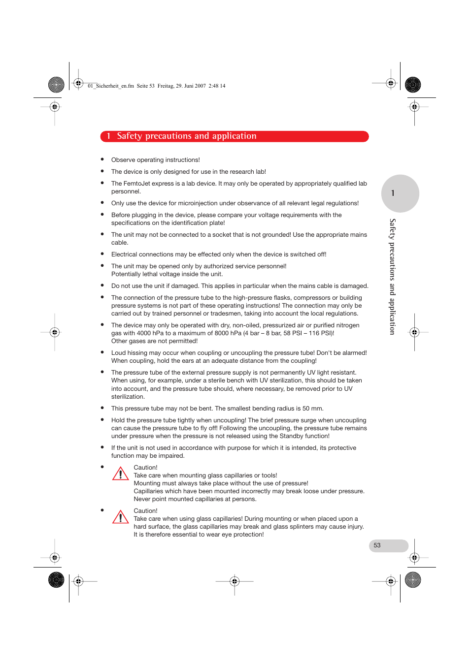 1 safety precautions and application, 1 safety precautions and application 1 | Eppendorf FemtoJet express User Manual | Page 5 / 56