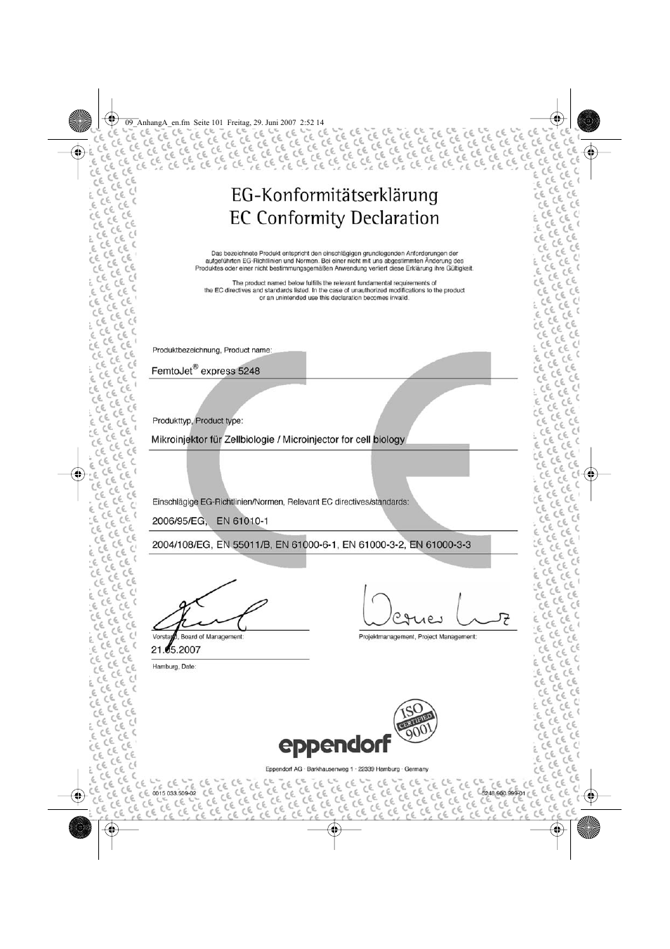 Ec conformity declaration | Eppendorf FemtoJet express User Manual | Page 53 / 56