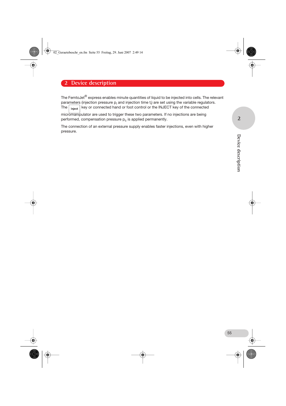 2 device description, 2 device description 2, Device description | Eppendorf FemtoJet express User Manual | Page 7 / 56