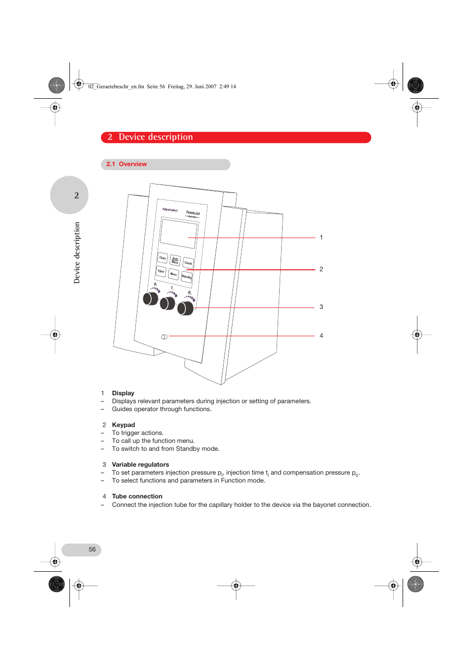 1 overview, 2 device description, Device description | Eppendorf FemtoJet express User Manual | Page 8 / 56