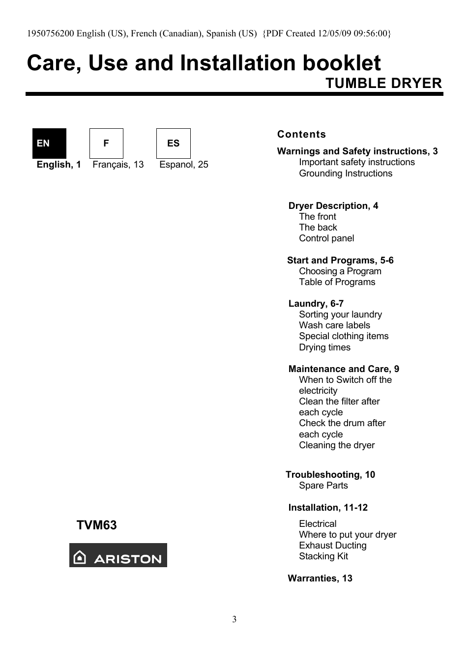 Ariston TVM63 User Manual | 15 pages