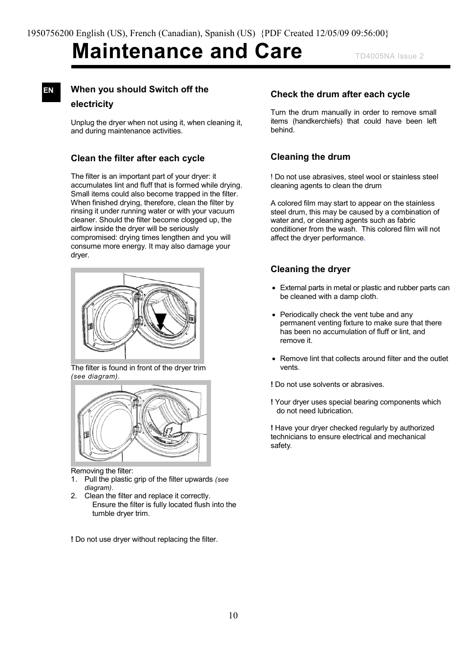 Maintenance and care | Ariston TVM63 User Manual | Page 10 / 15