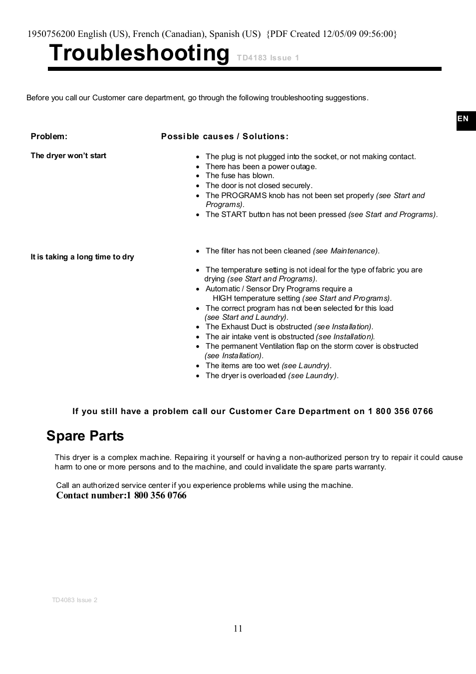 Troubleshooting, Spare parts | Ariston TVM63 User Manual | Page 11 / 15