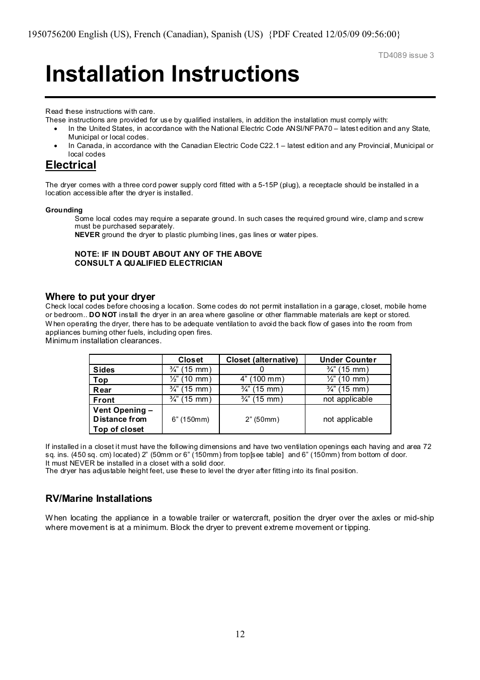 Installation instructions, Electrical | Ariston TVM63 User Manual | Page 12 / 15