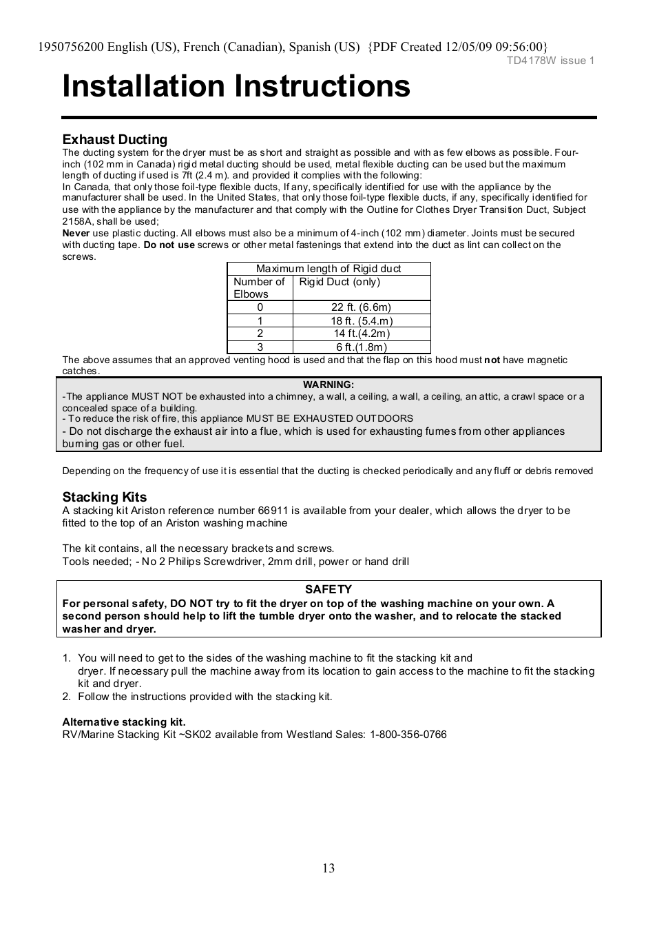 Installation instructions | Ariston TVM63 User Manual | Page 13 / 15