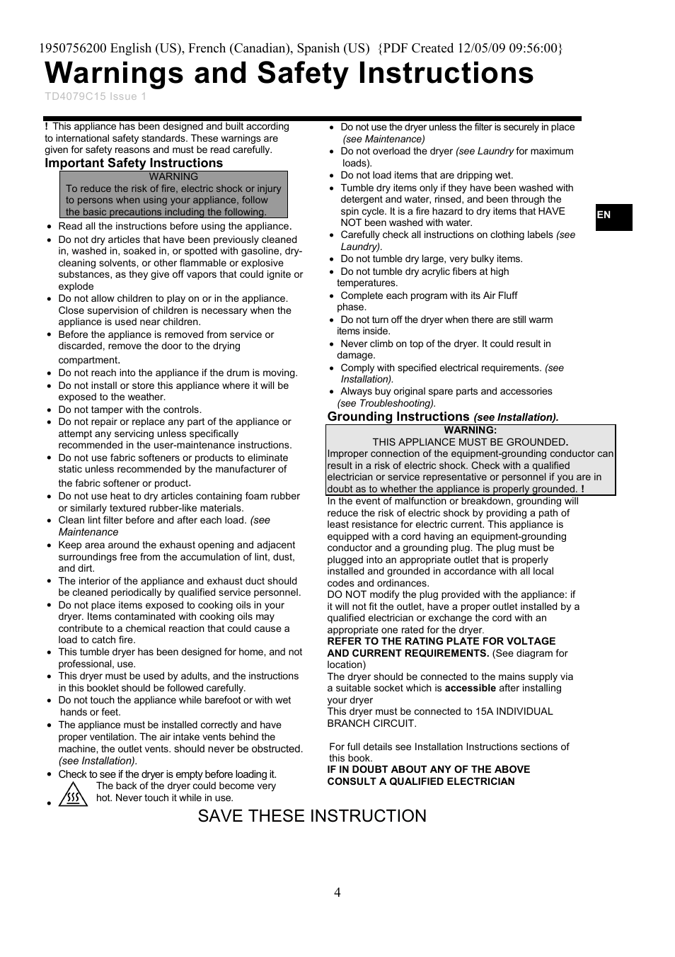 Warnings and safety instructions, Save these instruction | Ariston TVM63 User Manual | Page 4 / 15