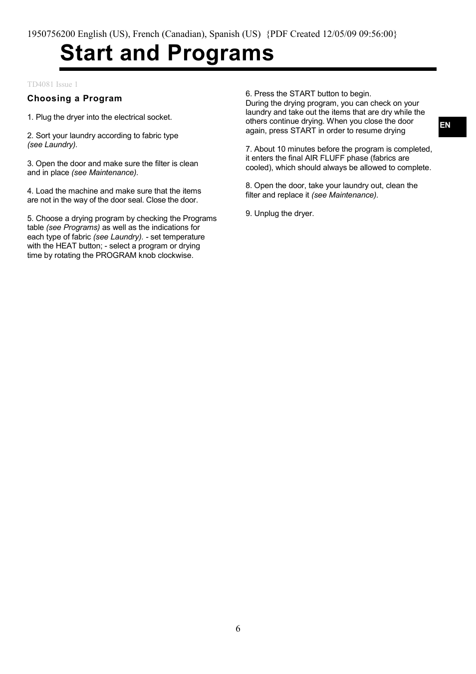 Start and programs | Ariston TVM63 User Manual | Page 6 / 15