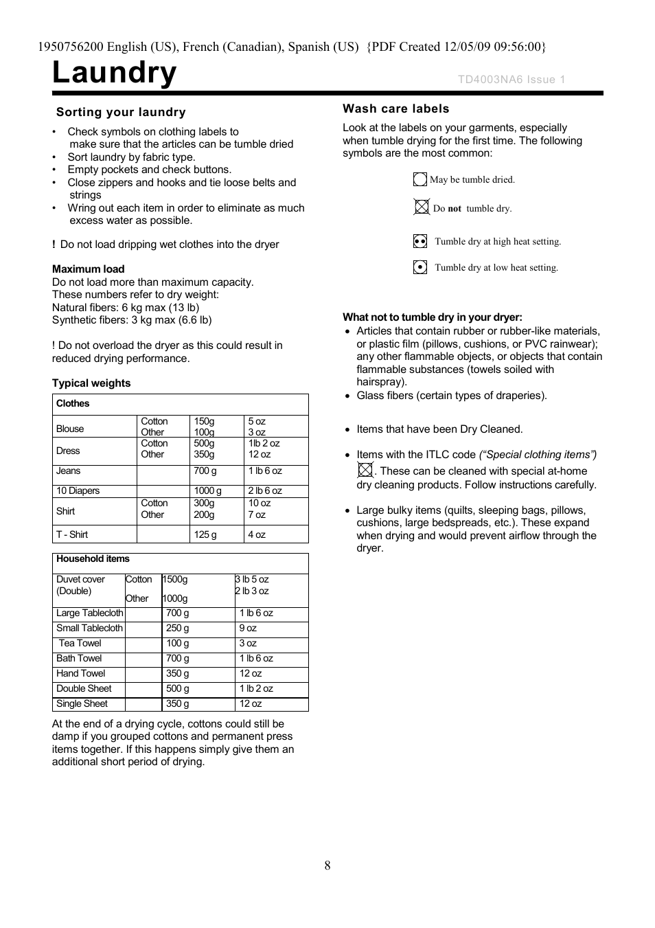 Laundry | Ariston TVM63 User Manual | Page 8 / 15