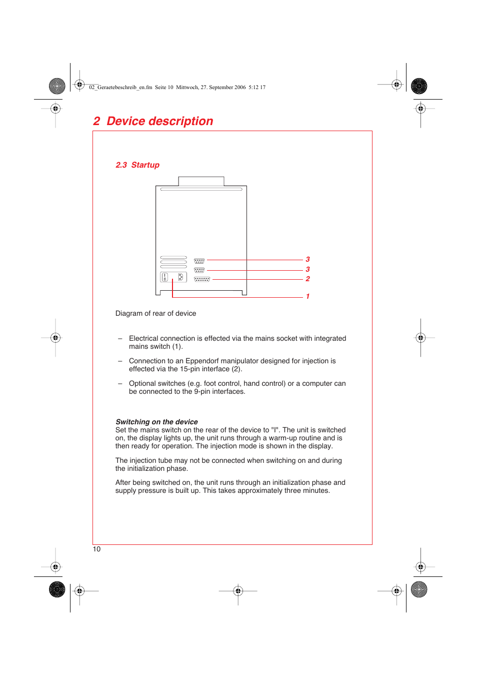 3 startup, 2 device description | Eppendorf FemtoJet User Manual | Page 12 / 57