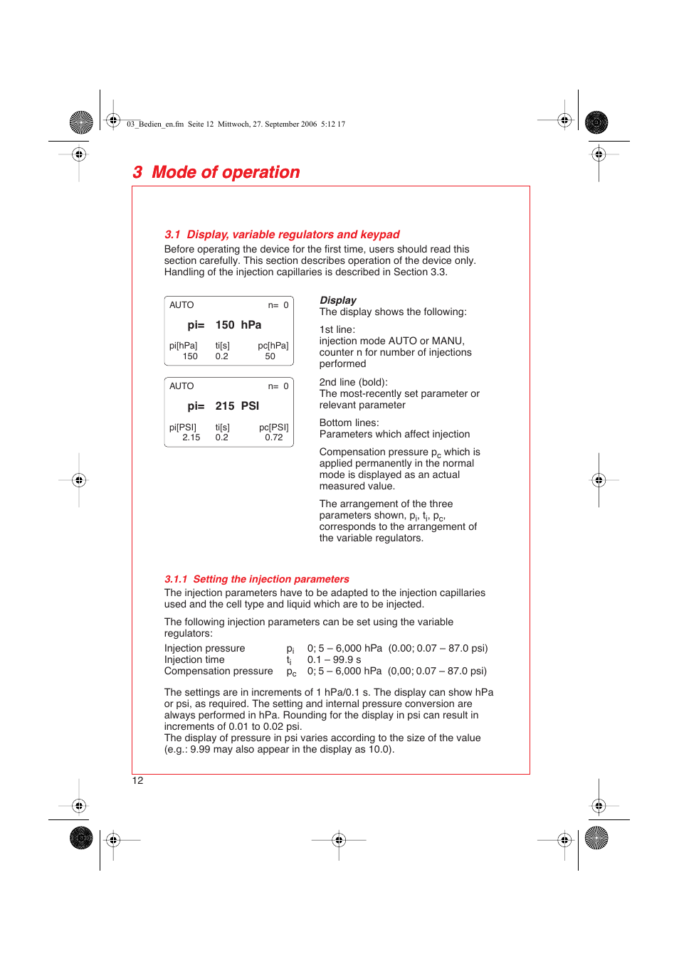 3 mode of operation, 1 display, variable regulators and keypad, 1 setting the injection parameters | Eppendorf FemtoJet User Manual | Page 14 / 57