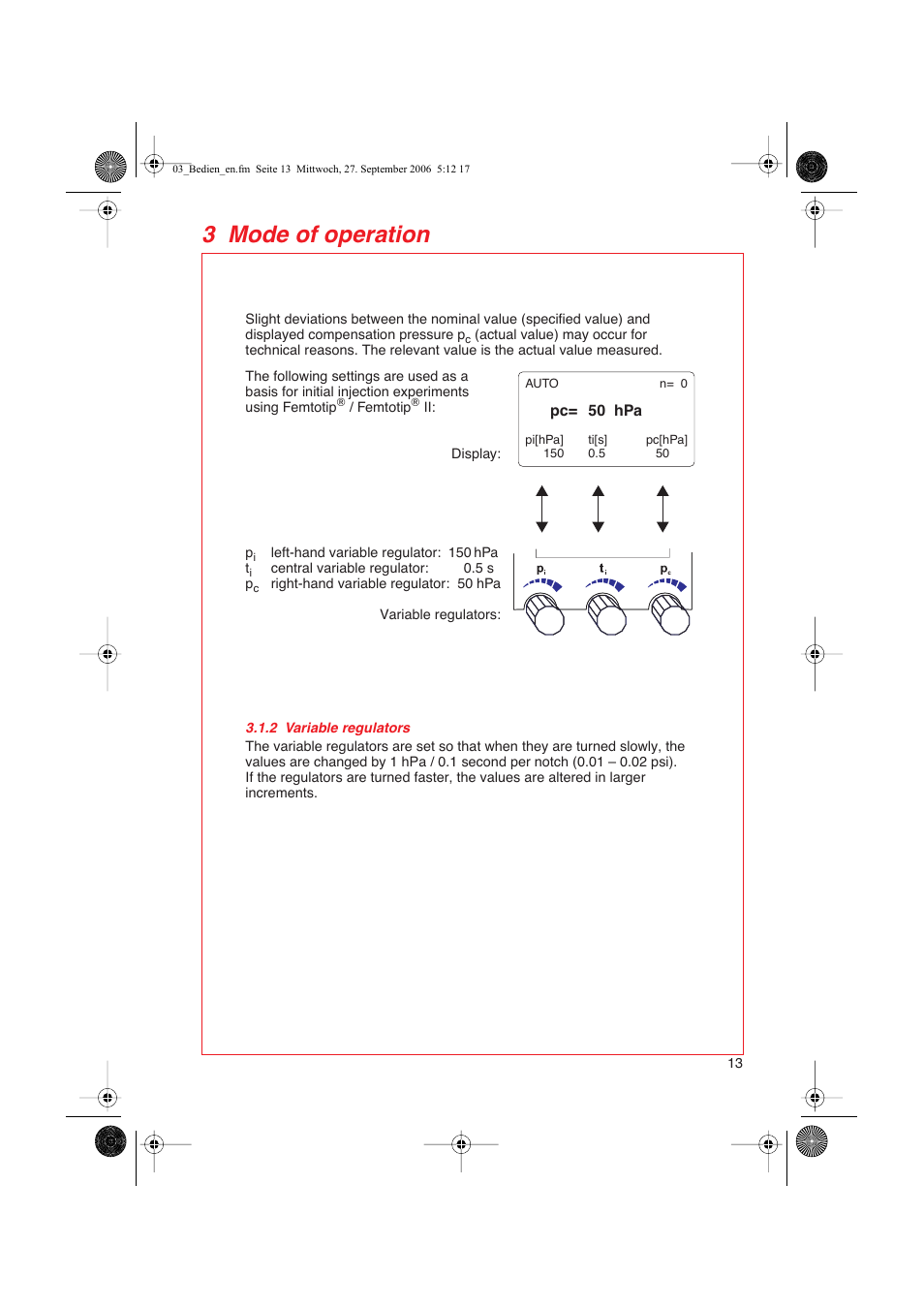 2 variable regulators, 3 mode of operation | Eppendorf FemtoJet User Manual | Page 15 / 57