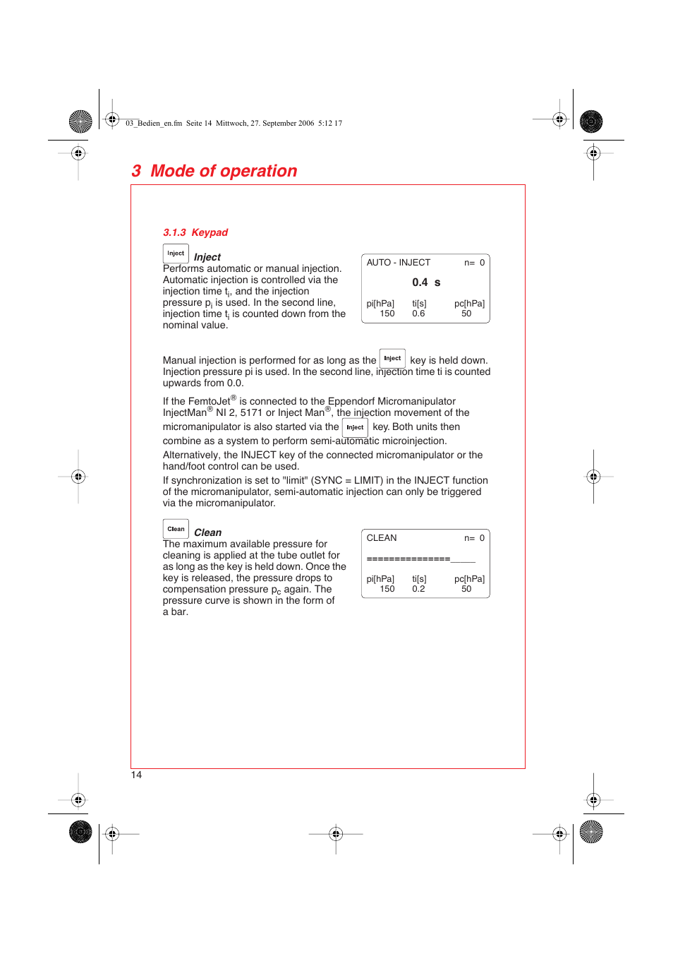 3 keypad, 3 mode of operation | Eppendorf FemtoJet User Manual | Page 16 / 57