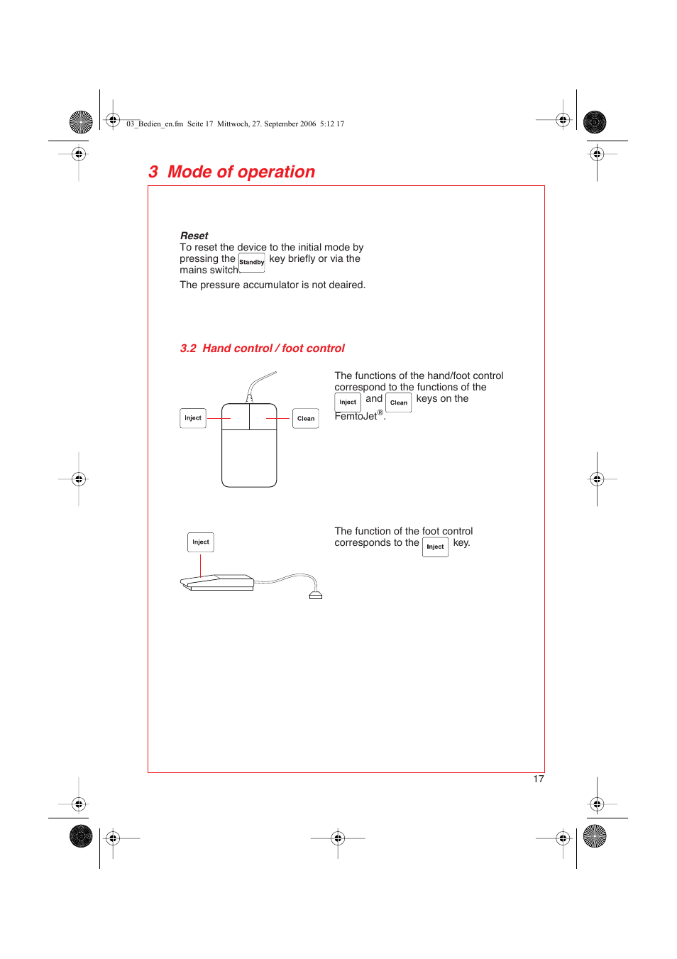 2 hand control / foot control, 3 mode of operation | Eppendorf FemtoJet User Manual | Page 19 / 57