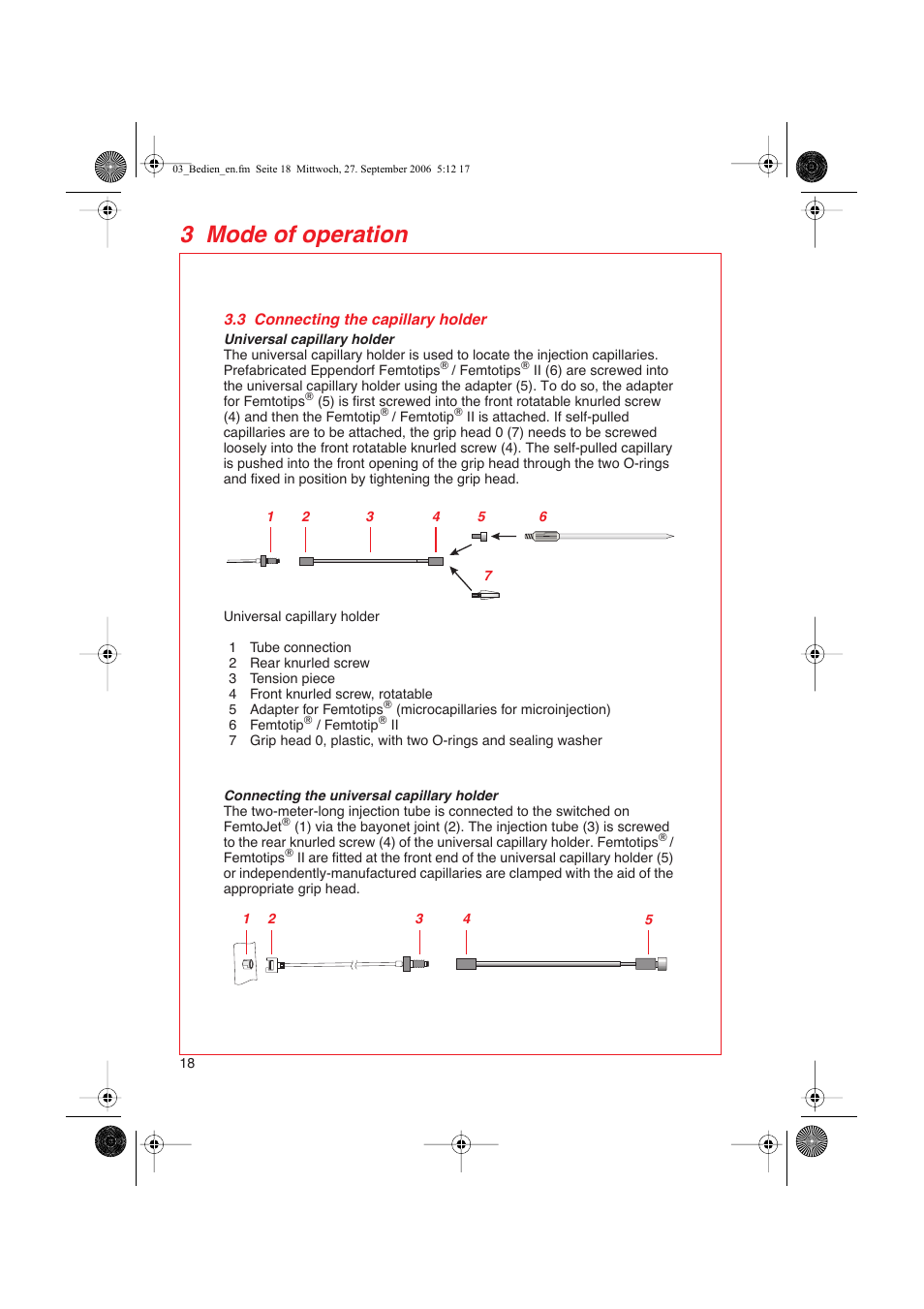 3 connecting the capillary holder, 3 mode of operation | Eppendorf FemtoJet User Manual | Page 20 / 57