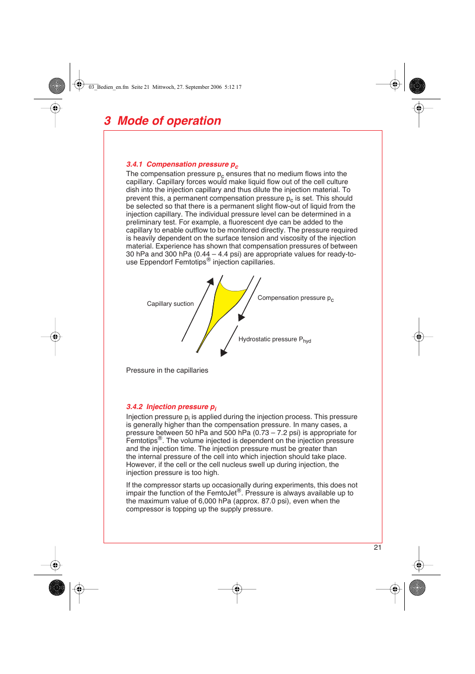 1 compensation pressure p c, 2 injection pressure p i, 3 mode of operation | Eppendorf FemtoJet User Manual | Page 23 / 57