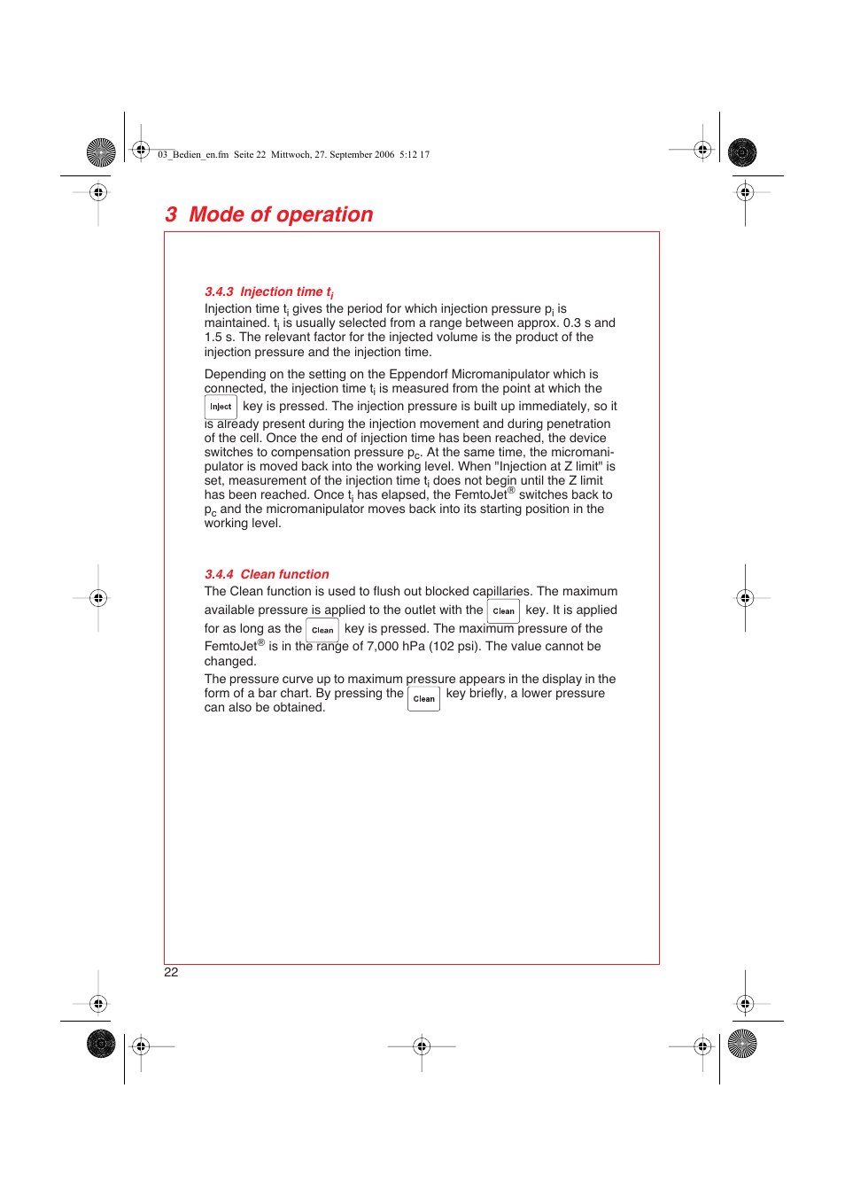 3 injection time t i, 4 clean function, 3 mode of operation | Eppendorf FemtoJet User Manual | Page 24 / 57