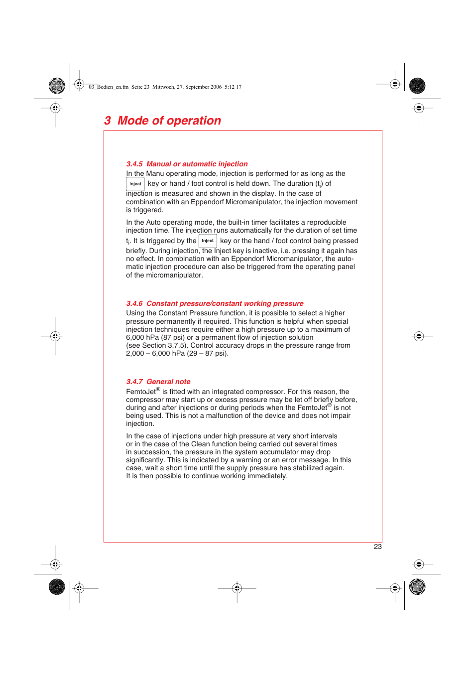 5 manual or automatic injection, 6 constant pressure/constant working pressure, 7 general note | 3 mode of operation | Eppendorf FemtoJet User Manual | Page 25 / 57