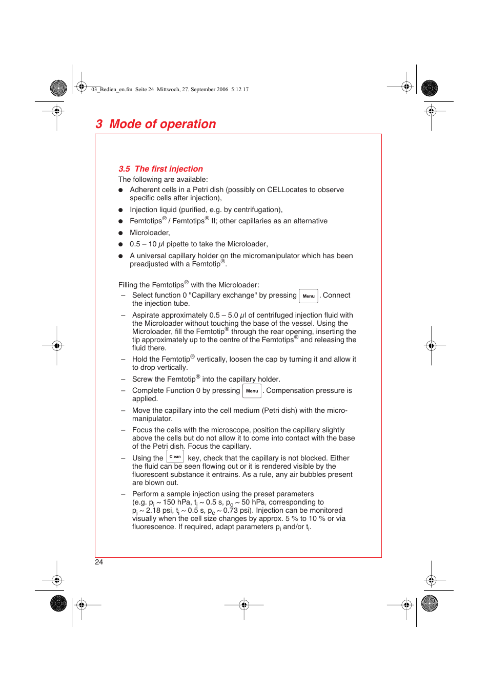 5 the first injection, 3 mode of operation | Eppendorf FemtoJet User Manual | Page 26 / 57