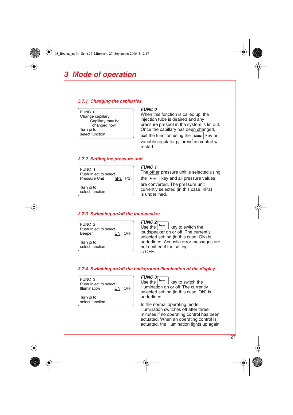 1 changing the capillaries, 2 setting the pressure unit, 3 switching on/off the loudspeaker | 3 mode of operation | Eppendorf FemtoJet User Manual | Page 29 / 57