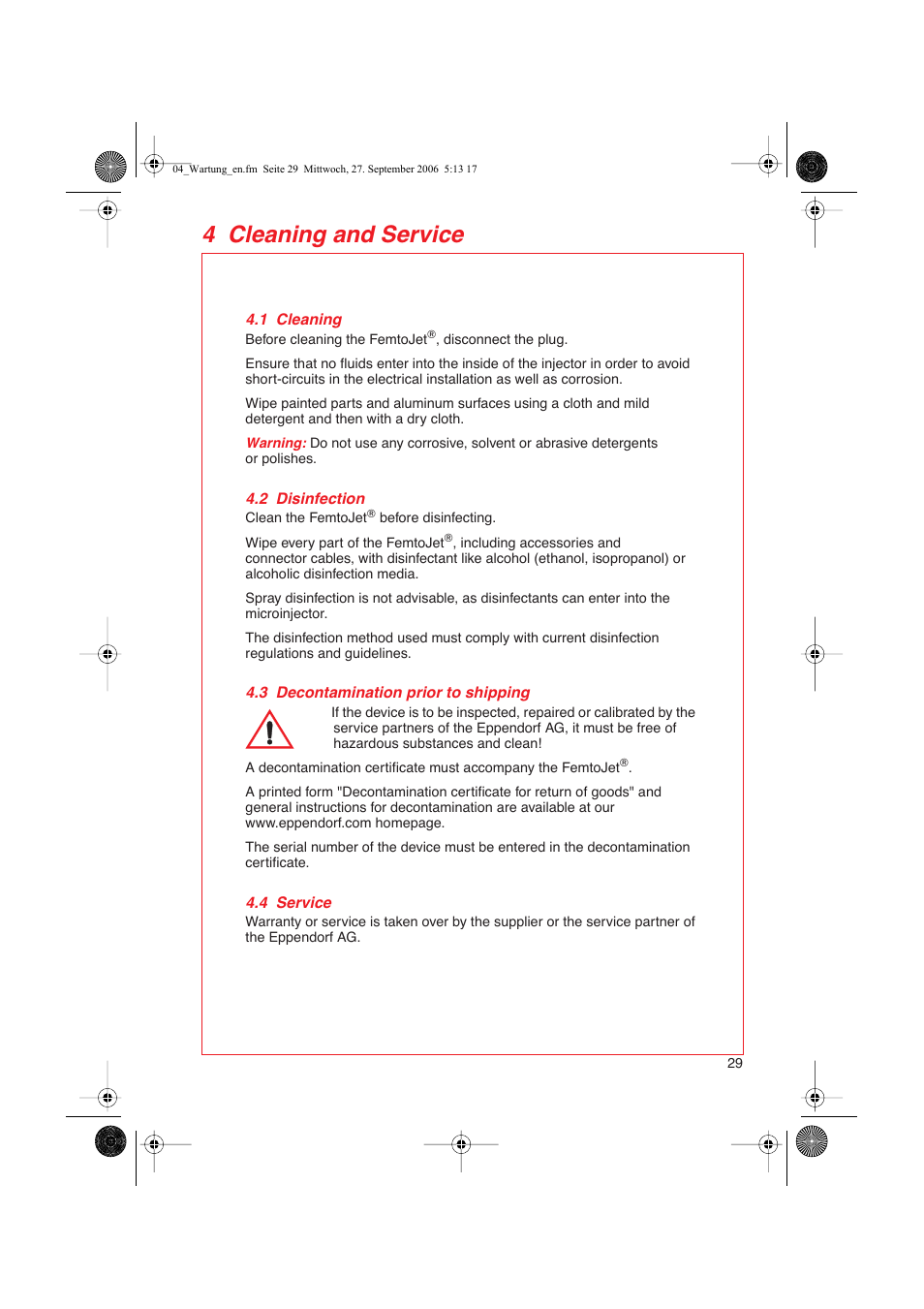 4 cleaning and service, 1 cleaning, 2 disinfection | 3 decontamination prior to shipping, 4 service | Eppendorf FemtoJet User Manual | Page 31 / 57