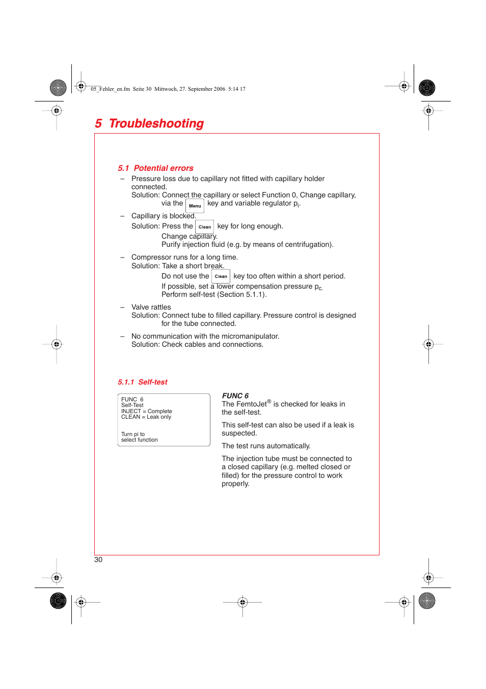 5 troubleshooting, 1 potential errors, 1 self-test | Eppendorf FemtoJet User Manual | Page 32 / 57