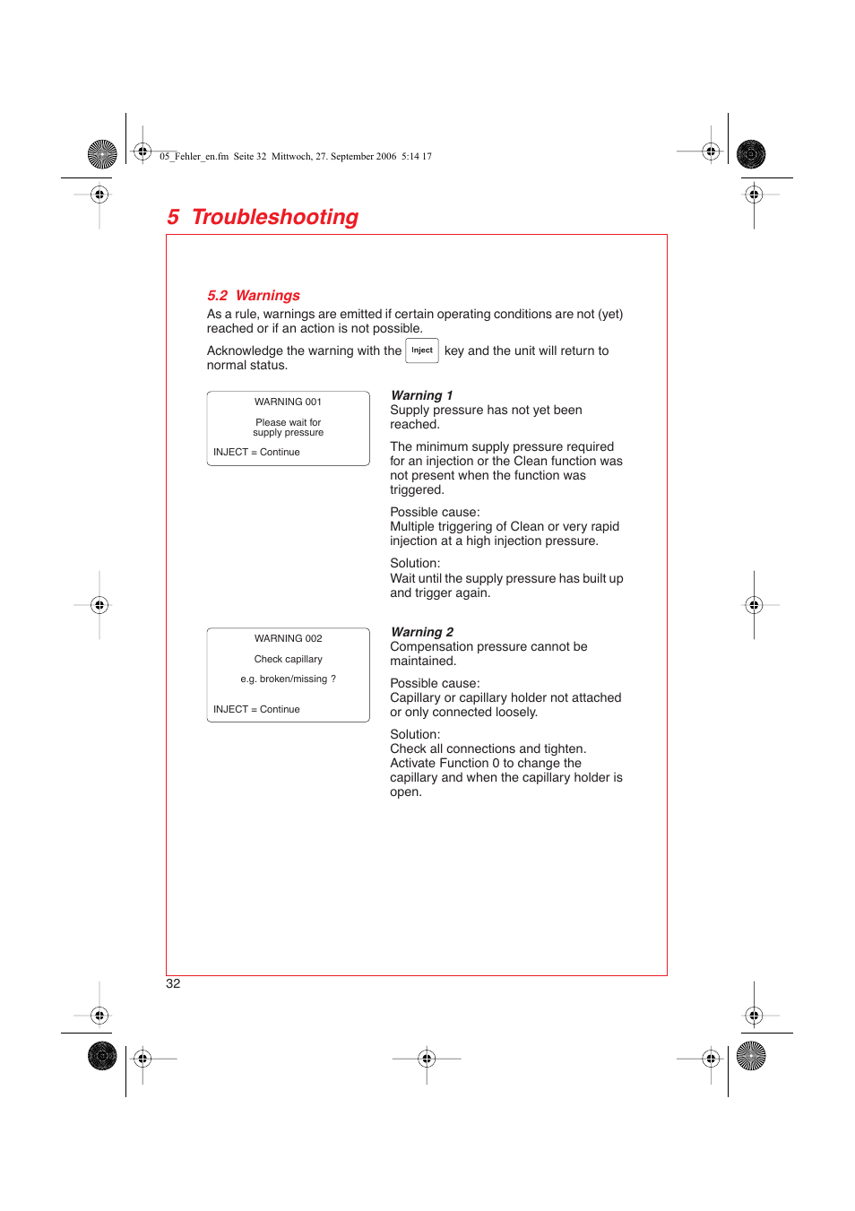 2 warnings, 5 troubleshooting | Eppendorf FemtoJet User Manual | Page 34 / 57