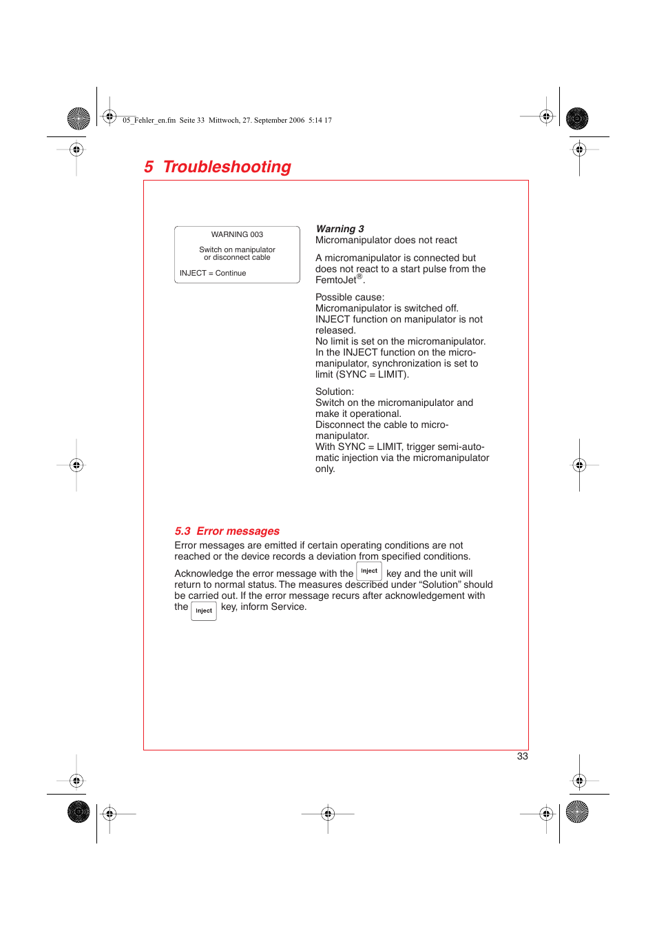 3 error messages, 5 troubleshooting | Eppendorf FemtoJet User Manual | Page 35 / 57