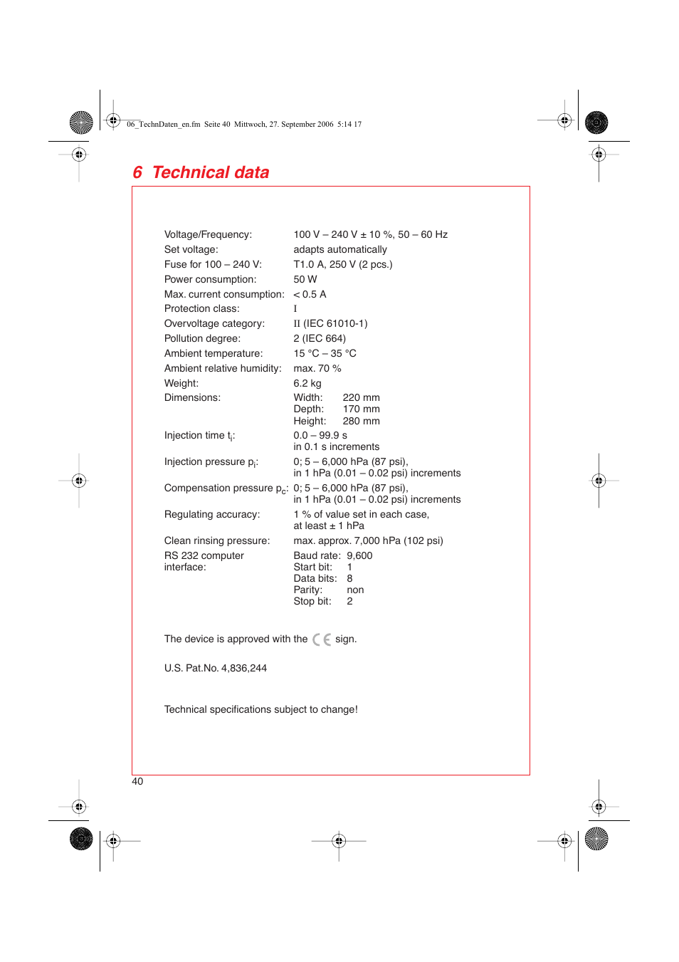 6 technical data | Eppendorf FemtoJet User Manual | Page 42 / 57