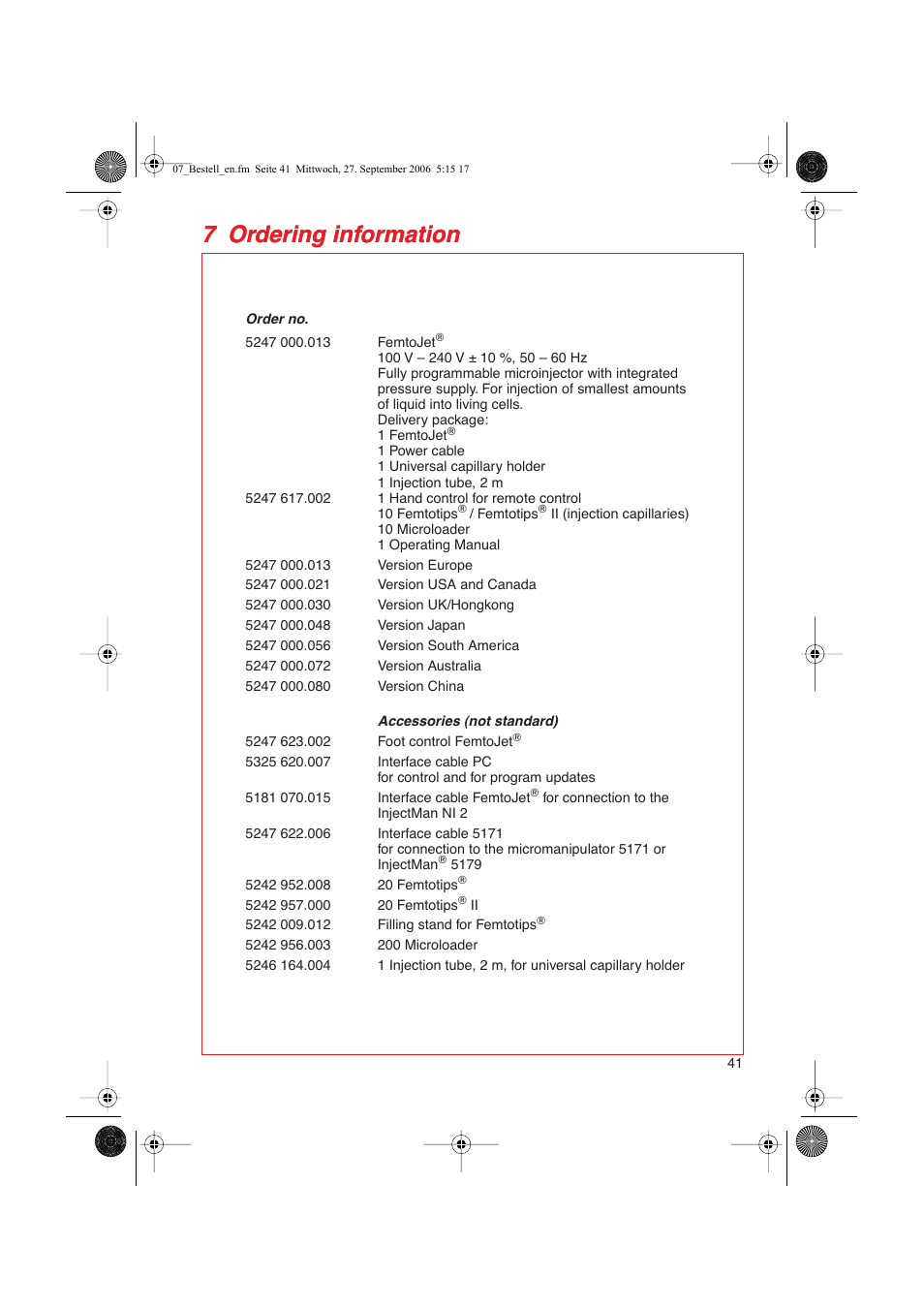 7 ordering information | Eppendorf FemtoJet User Manual | Page 43 / 57