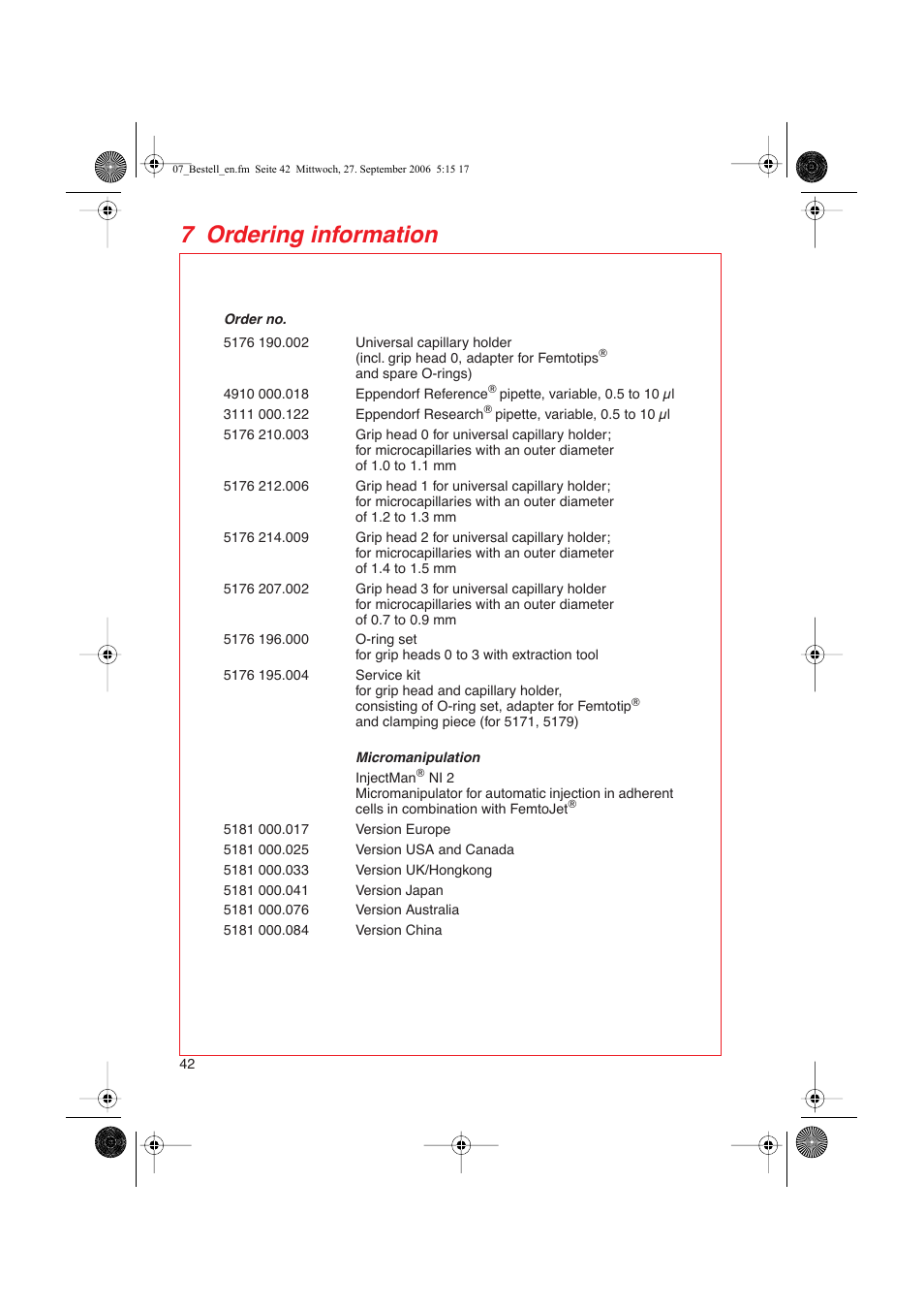 7 ordering information | Eppendorf FemtoJet User Manual | Page 44 / 57