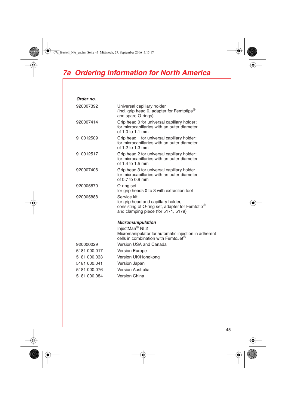 7a ordering information for north america | Eppendorf FemtoJet User Manual | Page 47 / 57