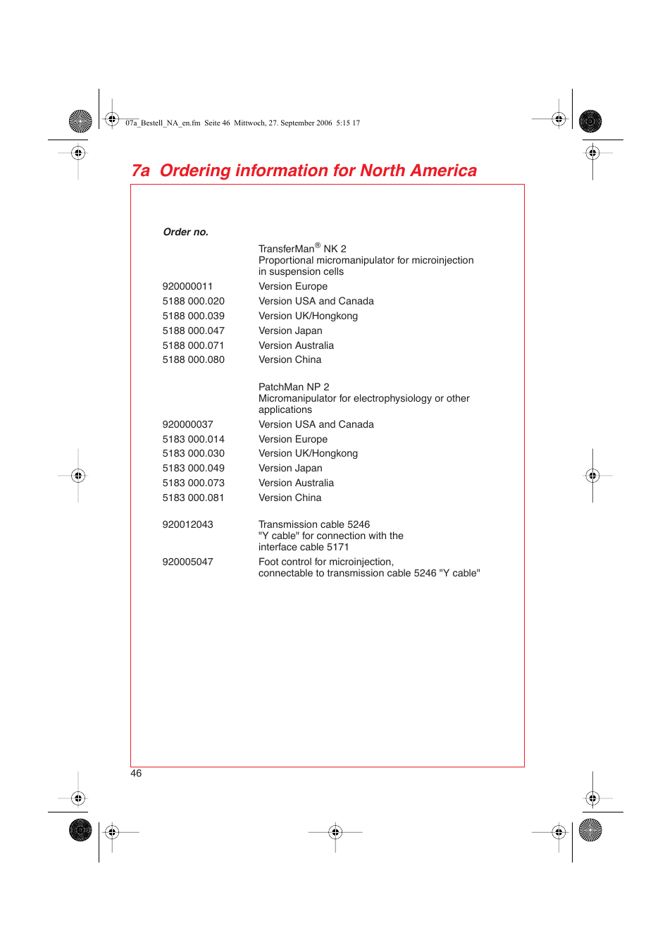 7a ordering information for north america | Eppendorf FemtoJet User Manual | Page 48 / 57