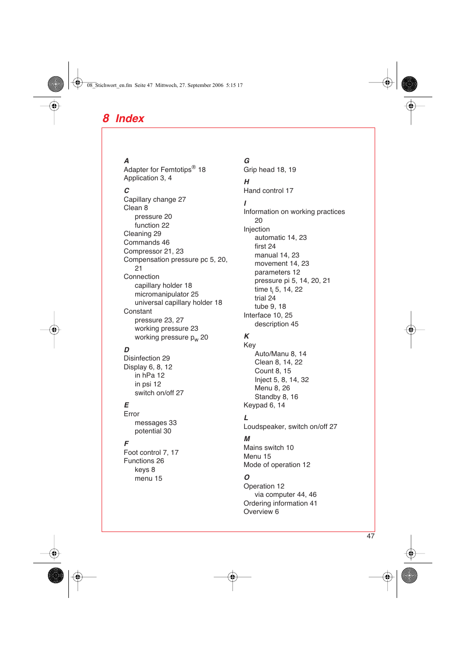 8 index, Index | Eppendorf FemtoJet User Manual | Page 49 / 57