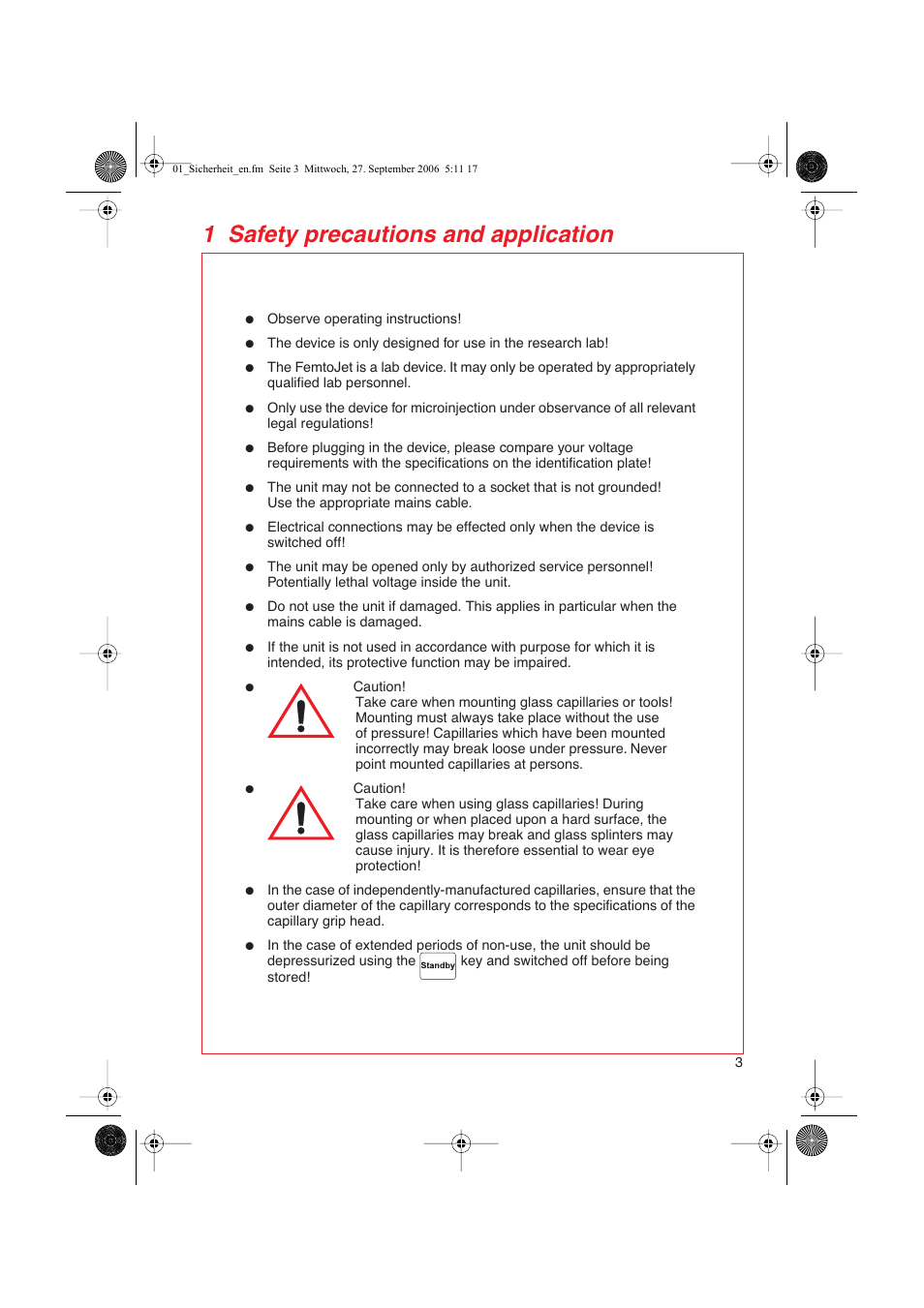 1 safety precautions and application | Eppendorf FemtoJet User Manual | Page 5 / 57